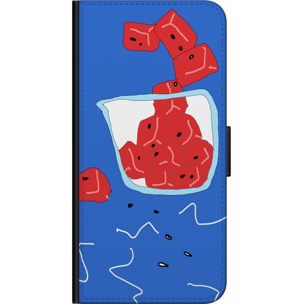 Kompatibel Tegnebogsetui til Huawei P40 lite E Abstrakt håndtegnet illustration med røde glaskuber, blå baggrund og dekorative linjer