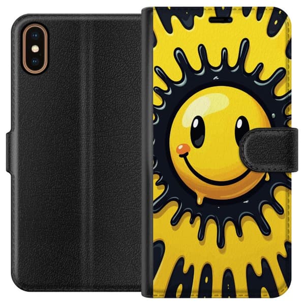 Kompatibel Tegnebogsetui til Apple iPhone X Glad gul smiley med sort splat og moderne pop kunst design