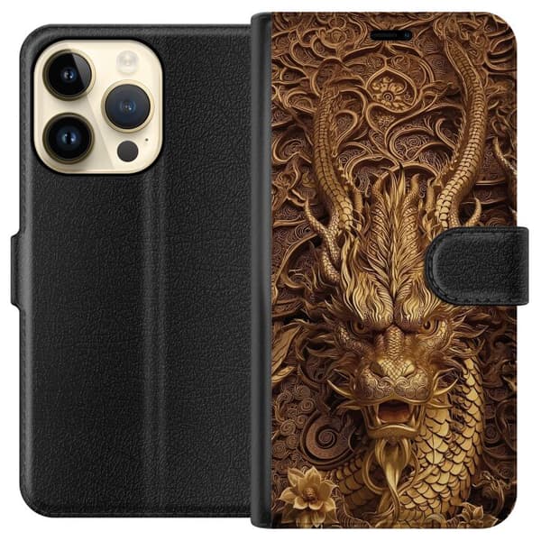 Kompatibelt Plånboksfodral till Apple iPhone 14 Pro Elegant drakmotiv i guld