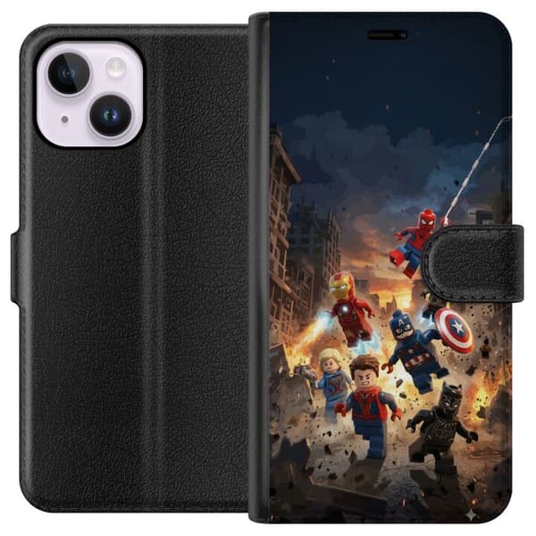 Kompatibel Tegnebogsetui til Apple iPhone 14 Plus Actionfyldt LEGO Marvel-motiv til superheltfans