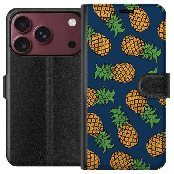 Kompatibel Tegnebogsetui til Apple iPhone 18 Pro Max Mønster med gule ananaser og grønne blade mod mørkeblå baggrund