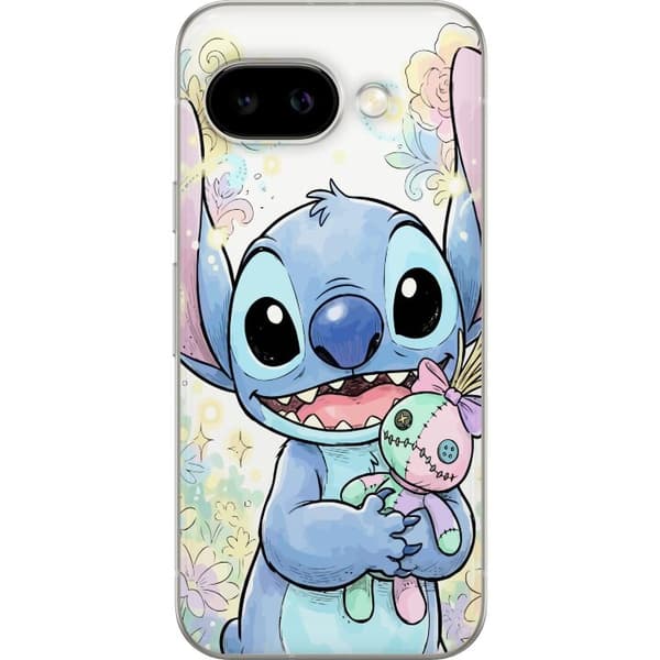 Kompatibelt Mobilskal till Google Pixel 9a Stitch håller liten patchwork-docka bland pastellblommor