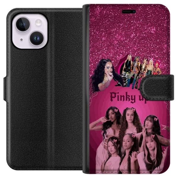Kompatibel Tegnebogsetui til Apple iPhone 14 Plus Rosa KATSEYE-collage med glitrende detaljer, rosetter og typografiske elementer