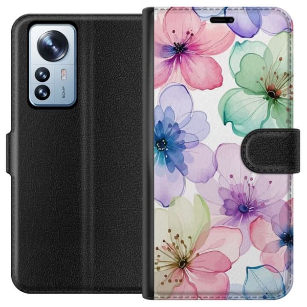 Kompatibel Tegnebogsetui til Xiaomi 12 Pro Akvarelblomster i bløde pastelfarver