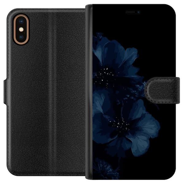 Kompatibel Tegnebogsetui til Apple iPhone X Mörkblå blommor