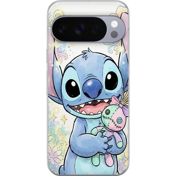 Kompatibelt Mobilskal till Google Pixel 10 Pro Stitch håller liten patchwork-docka bland pastellblommor