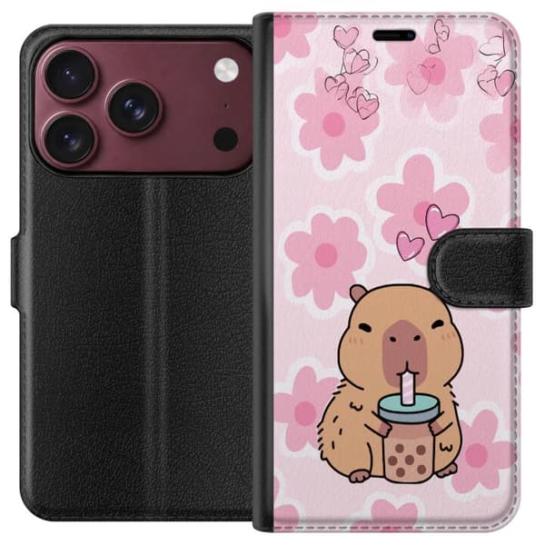 Kompatibel Tegnebogsetui til Apple iPhone 18 Pro Max Illustreret kapybara, der holder bubble tea blandt lyserøde hjerter og blomster på en blød paste