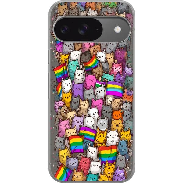 Kompatibelt Mobildeksel til Google Pixel 9 Pro Illustrerte katter med prideflagg i fargerik samling