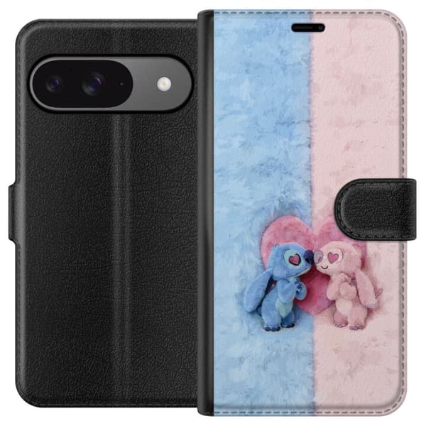 Kompatibel Tegnebogsetui til Google Pixel 9 Pro Søde blå og lyserøde figurer foran et stort lyserødt hjerte