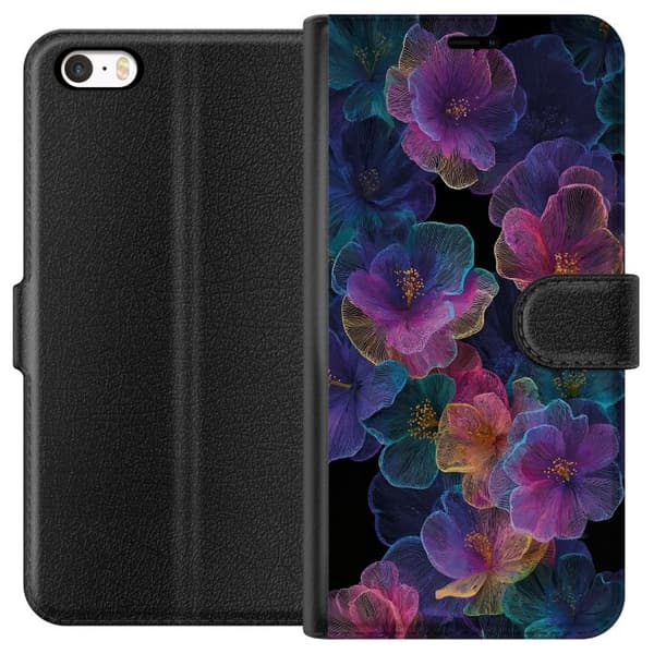 Kompatibel Tegnebogsetui til Apple iPhone 5 Elegant blomstermønster med mørk baggrund