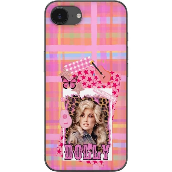 Kompatibelt Mobildeksel til Apple iPhone 17e Dolly Parton-portrett i rosa collage med gitarer, sommerfugl, stjerner og leopardmønster