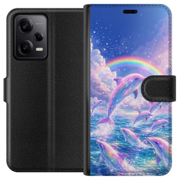 Kompatibelt Plånboksfodral till Xiaomi Redmi Note 12 Pro Glittrande regnbågsdelfiner