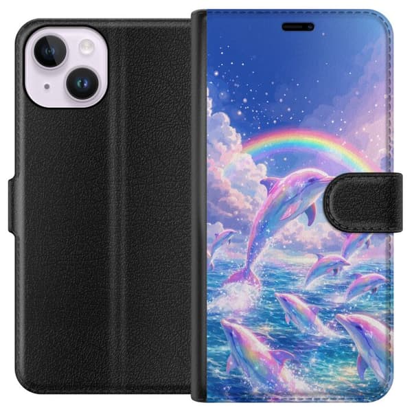 Kompatibel Tegnebogsetui til Apple iPhone 14 Glittrande regnbågsdelfiner