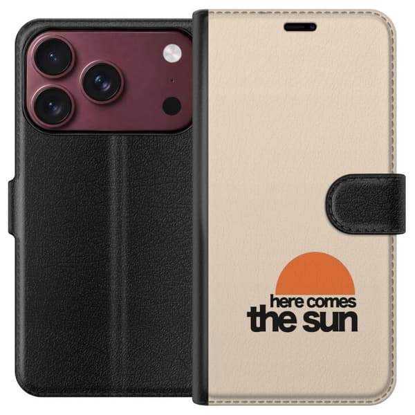 Kompatibel Tegnebogsetui til Apple iPhone 18 Pro Max Retrodesign med en orange sol og teksten Here Comes the Sun