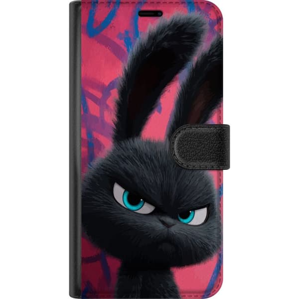 Kompatibel Tegnebogsetui til Google Pixel 6a Mørk, fluffy kanin med intense blå øjne mod en lyserød graffitibaggrund