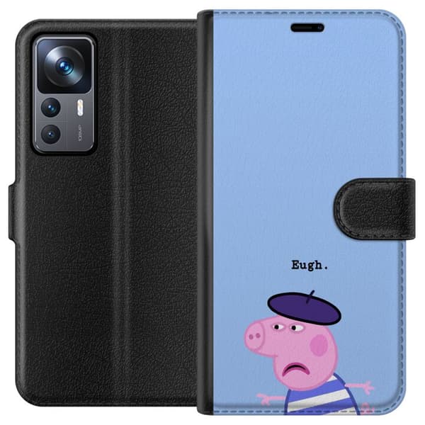 Kompatibel Tegnebogsetui til Xiaomi 12T Pro Peppa Pig med basker og teksten Eugh på lyseblå baggrund