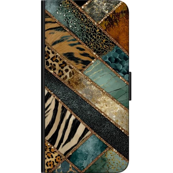 Kompatibel Tegnebogsetui til OnePlus 7 Pro Dekorativt patchwork i turkis, guld og sort med leopard-, tiger- og zebramønster