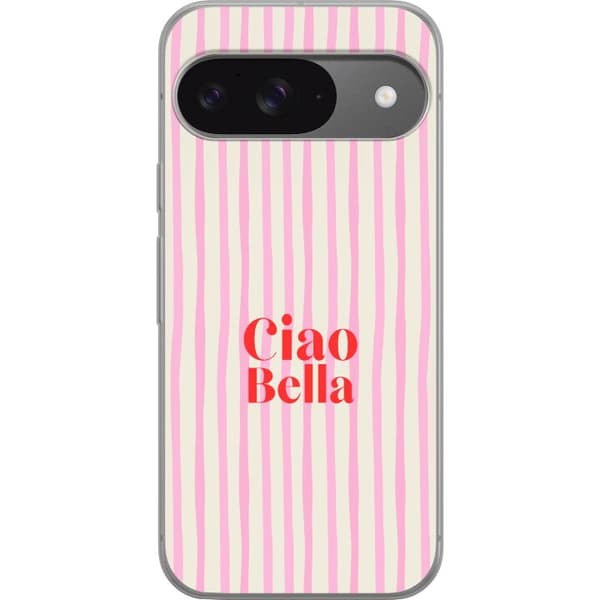 Kompatibelt Mobildeksel til Google Pixel 9 Pro Ciao Bella-typografi med røde bokstaver og vertikale rosa-beige striper