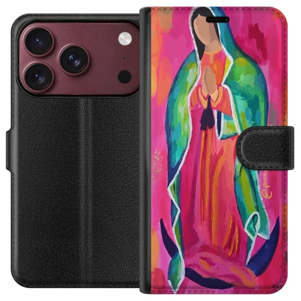 Kompatibel Tegnebogsetui til Apple iPhone 18 Pro Farverig religiøs kvindefigur med foldede hænder mod lyserød baggrund