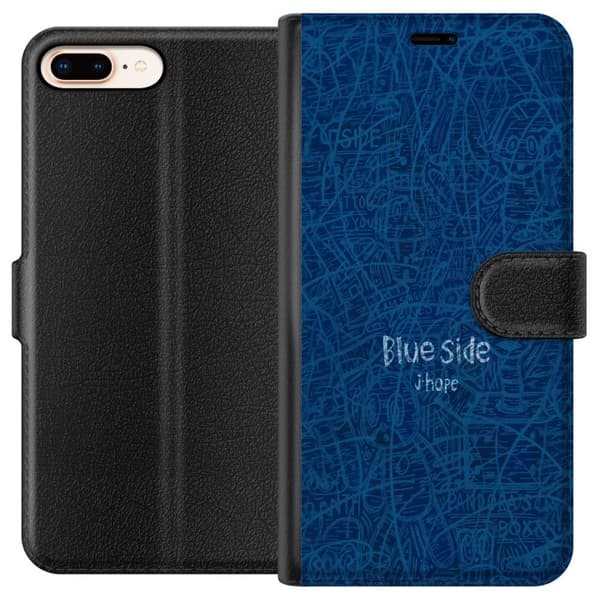Kompatibel Tegnebogsetui til Apple iPhone 8 Plus Blå baggrund med Blue Side-tekst og abstrakte håndtegnede illustrationer