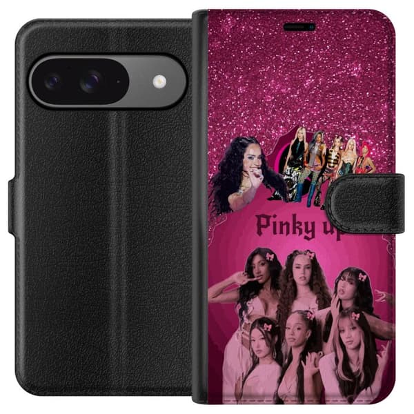 Kompatibel Tegnebogsetui til Google Pixel 9 Pink KATSEYE-collage med glitrende detaljer, sløjfer og typografiske elementer