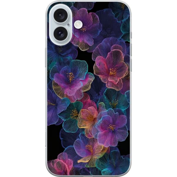 Kompatibelt Mobildeksel til Apple iPhone 16 Plus Elegant blomstermønster med mørk bakgrunn