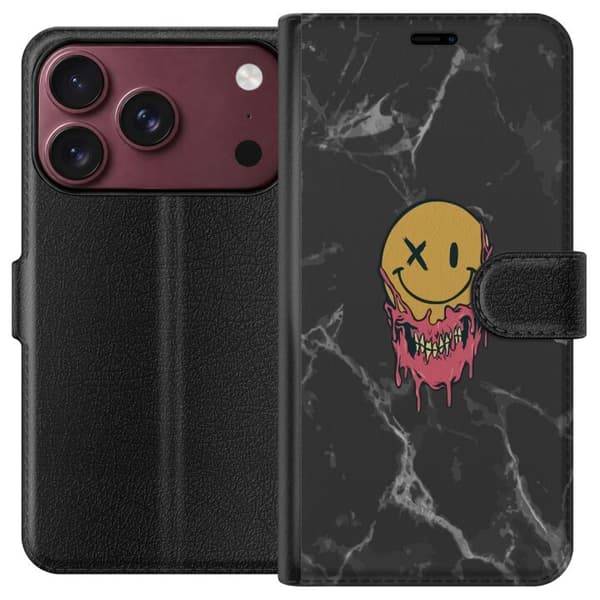 Kompatibel Tegnebogsetui til Apple iPhone 18 Pro Max Grafisk smiley med lyserøde skeletdetaljer mod en sort marmorinspireret baggrund