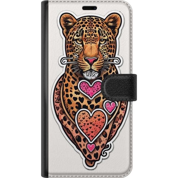Kompatibel Tegnebogsetui til Google Pixel 9 Leopardillustration med pinke og orange hjerter, sorte pletter og legende detaljer