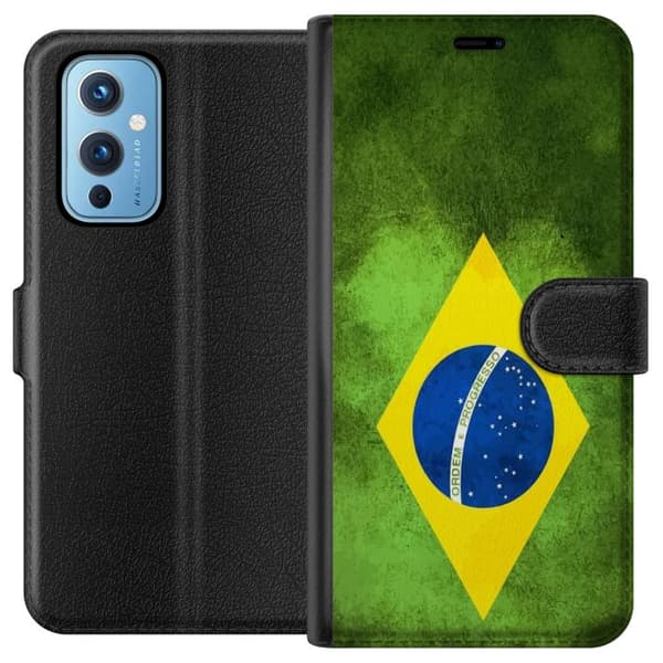 Kompatibel Tegnebogsetui til OnePlus 9 Brasiliansk flag med rustik tekstur