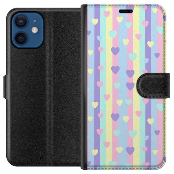 Kompatibel Tegnebogsetui til Apple iPhone 12 Pastelfarvede lodrette striber med spredte hjerter i flere farver