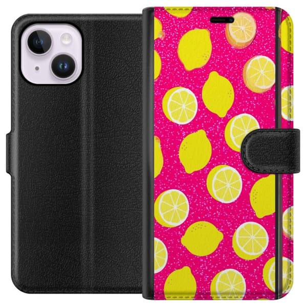 Kompatibelt Lommeboketui til Apple iPhone 15 Plus Citronmönster rosa