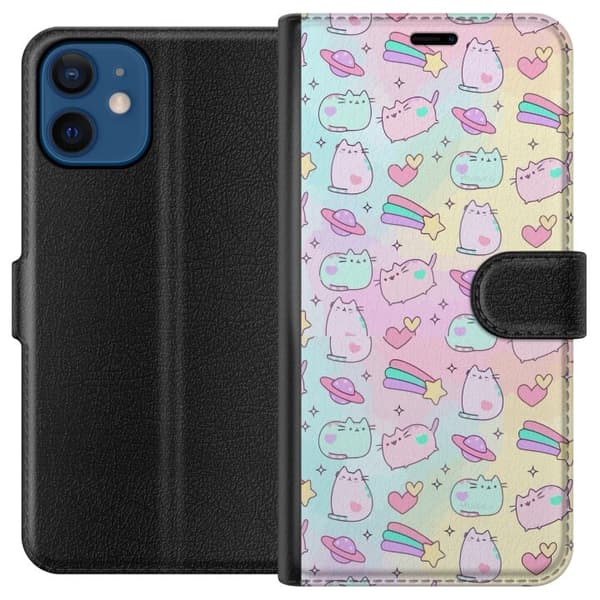 Kompatibel Tegnebogsetui til Apple iPhone 12 Søde pastelfarvede katte med planeter, hjerter, stjerner og farverige stjerneskud