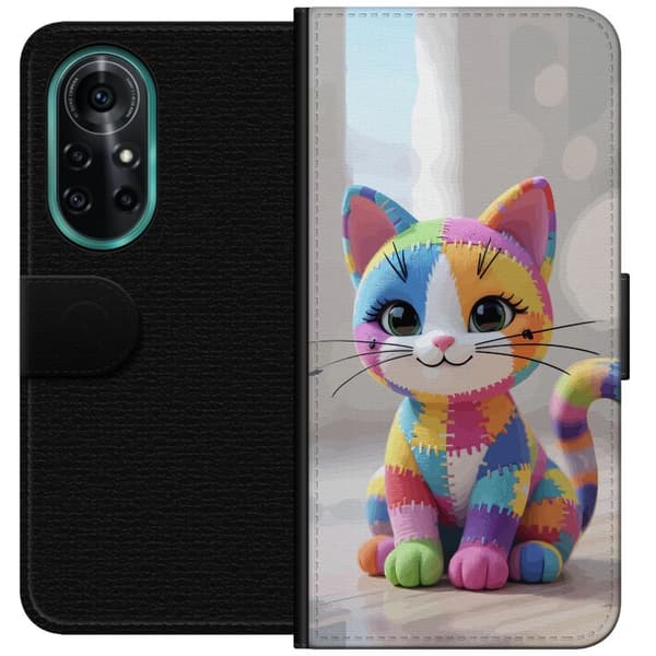 Kompatibel Tegnebogsetui til Huawei nova 8 Pro Sød farverig kat i patchworkstil med store øjne