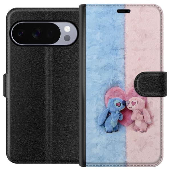 Kompatibel Tegnebogsetui til Google Pixel 11 Pro Søde blå og lyserøde figurer foran et stort lyserødt hjerte