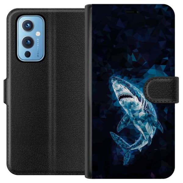 Kompatibel Tegnebogsetui til OnePlus 9 Polygonformet hvidhaj i blå nuancer mod mørk abstrakt baggrund