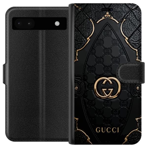 Kompatibel Tegnebogsetui til Google Pixel 6a Elegant sort monogrammønster med quiltet design og guldfarvede detaljer