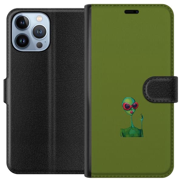 Kompatibel Tegnebogsetui til Apple iPhone 13 Pro Max Minimalistisk grøn alien med røde solbriller og lyserøde læber mod olivengrøn