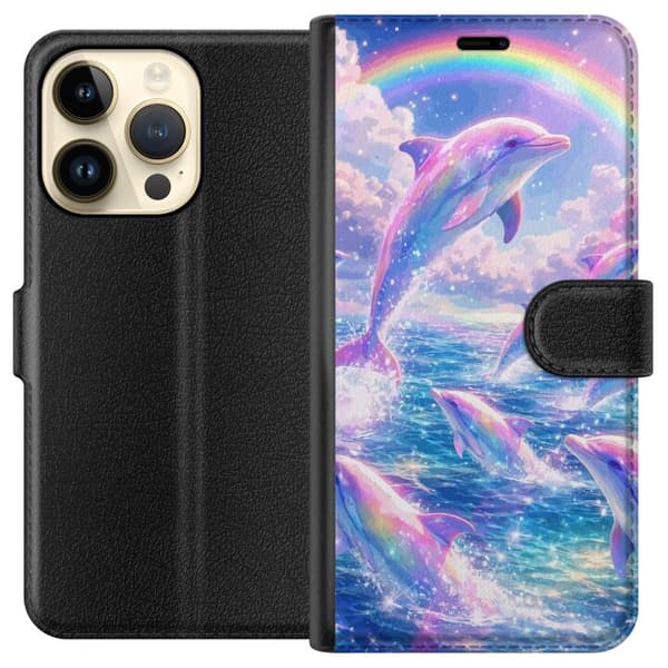 Kompatibel Tegnebogsetui til Apple iPhone 15 Pro Delfiner i farverigt hav under en regnbue med lyserøde skyer og stjernelignende lys