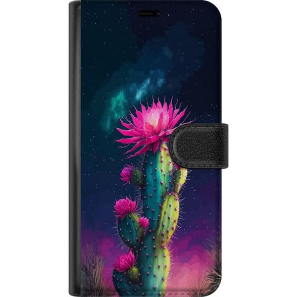Kompatibel Tegnebogsetui til Google Pixel 11 Blomstrende kaktus med lyserøde blomster mod en mørk stjernehimmel