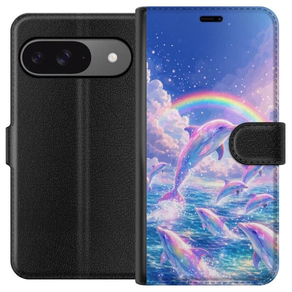 Kompatibel Tegnebogsetui til Google Pixel 9 Glittrande regnbågsdelfiner