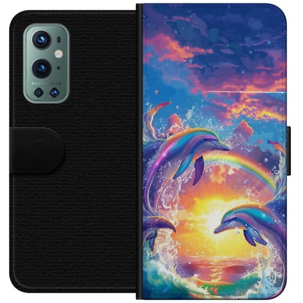 Kompatibelt Plånboksfodral till OnePlus 9 Pro Delfiner i regnbågssolnedgång