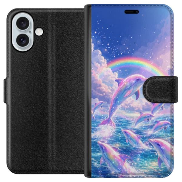 Kompatibelt Plånboksfodral till Apple iPhone 16 Plus Glittrande regnbågsdelfiner