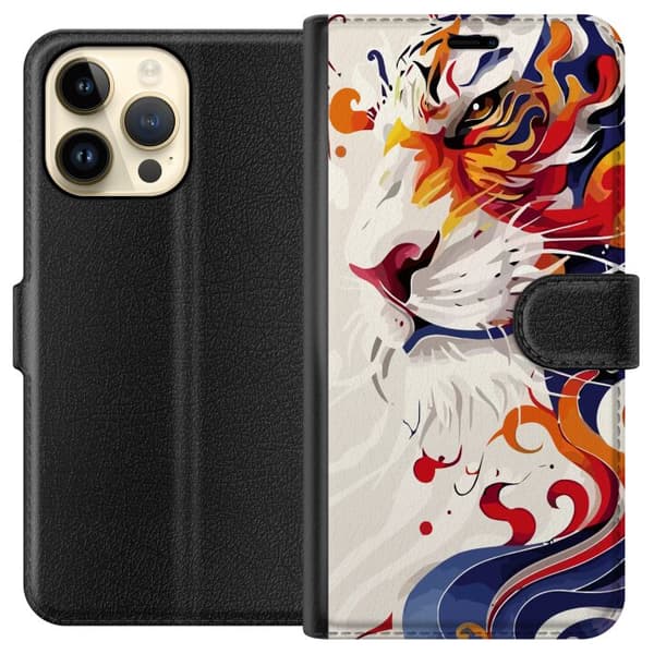 Kompatibel Tegnebogsetui til Apple iPhone 14 Pro Max Moderne illustration af hvid kat med abstrakte farvedetaljer