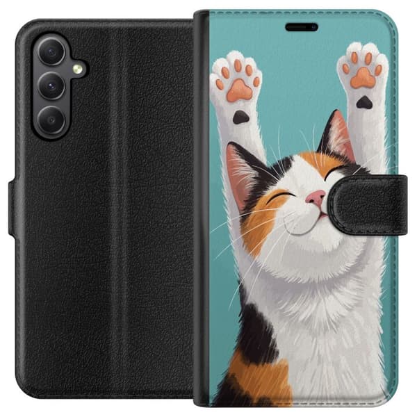 Kompatibelt Lommeboketui til Samsung Galaxy S23 FE Glad trefärgad katt