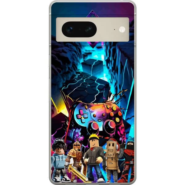 Kompatibelt Mobildeksel til Google Pixel 7 Roblox spillkarakterer foran neonfarget spillkontroll