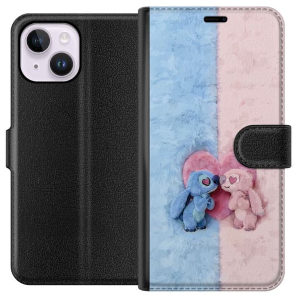 Kompatibel Tegnebogsetui til Apple iPhone 15 Plus Søde blå og lyserøde figurer foran et stort lyserødt hjerte
