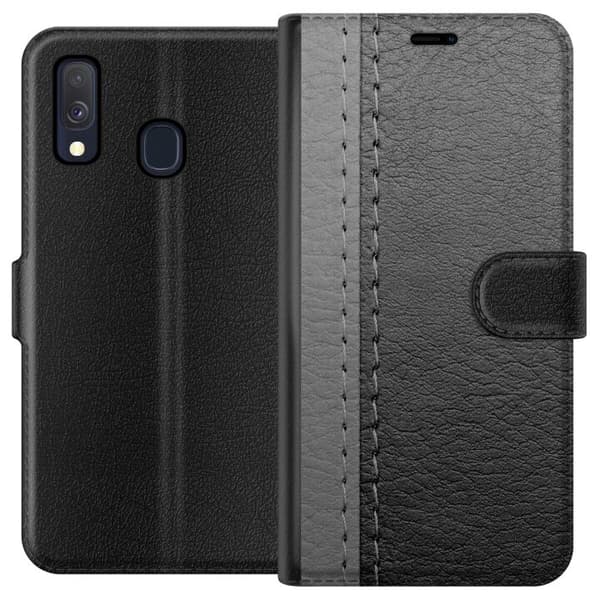 Kompatibelt Plånboksfodral till Samsung Galaxy A40 Black & Grey Leather