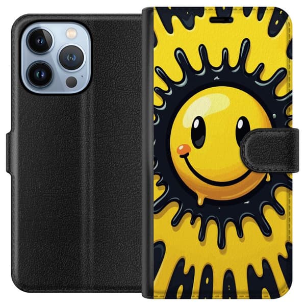 Kompatibel Tegnebogsetui til Apple iPhone 13 Pro Glad gul smiley med sort splat og moderne pop kunst design