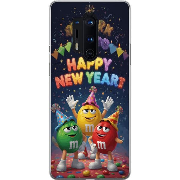 Kompatibelt Mobildeksel til OnePlus 8 Pro Gledelig nyttårdesign med M&M's og feststemning
