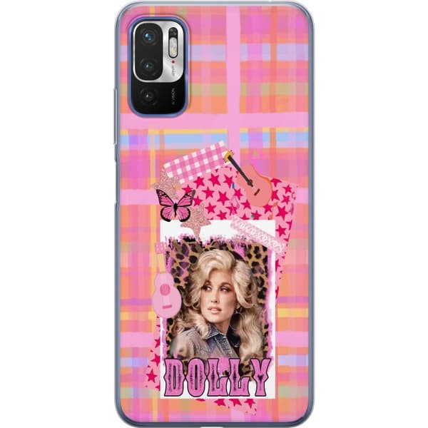Kompatibelt Mobildeksel til Xiaomi Redmi Note 10 5G Dolly Parton-portrett i rosa collage med gitarer, sommerfugl, stjerner og leopardmønster